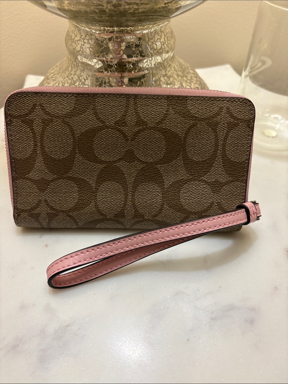 Coach Brown Signature Zip Wallet with Pink Trim - Picture 3 of 5